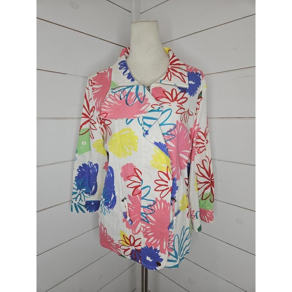 Erin London Large white with multicolored flowers linen jacket